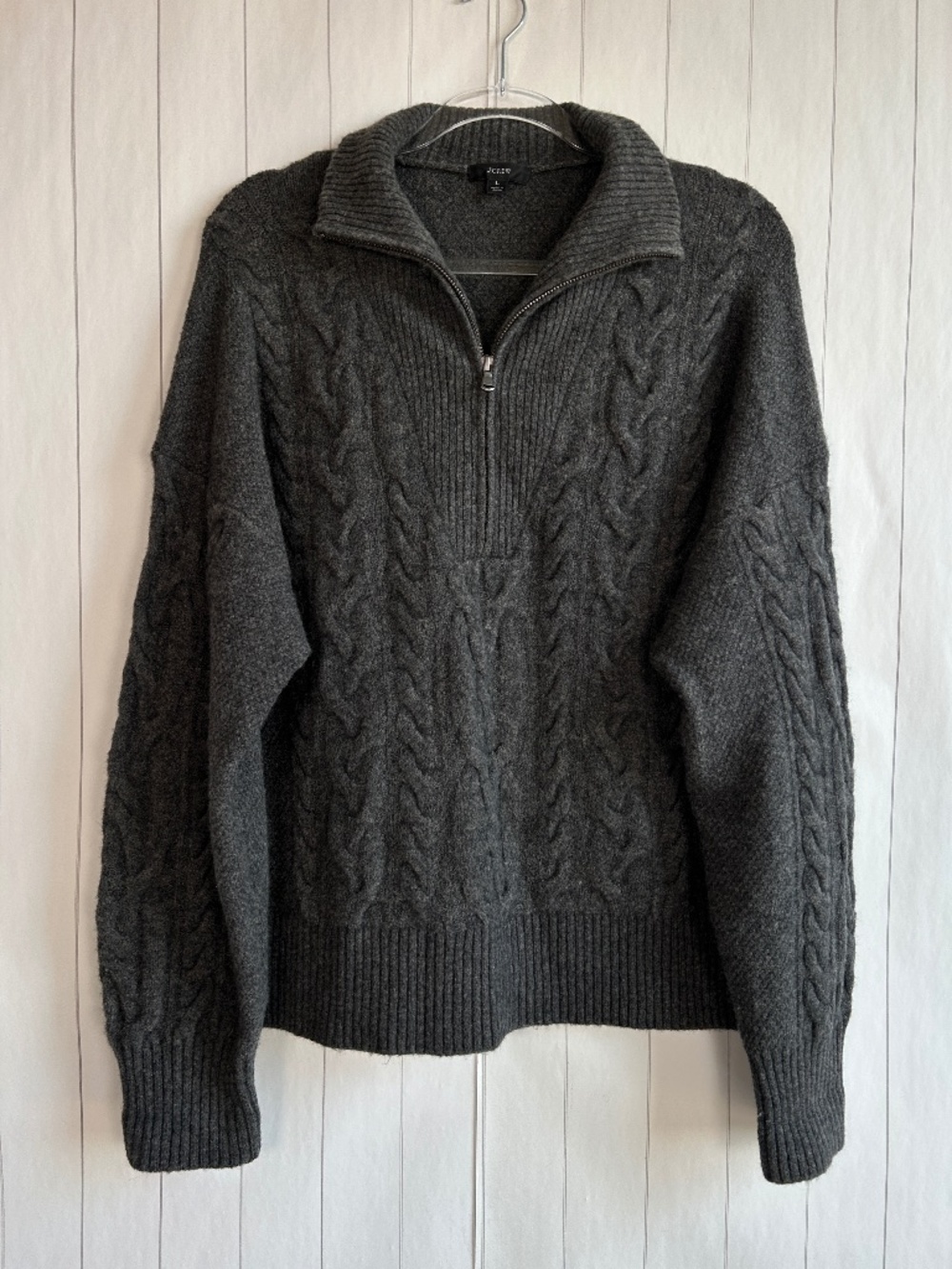 J. Crew women size L cable knit sweater half zip supersoft yarn gray merino